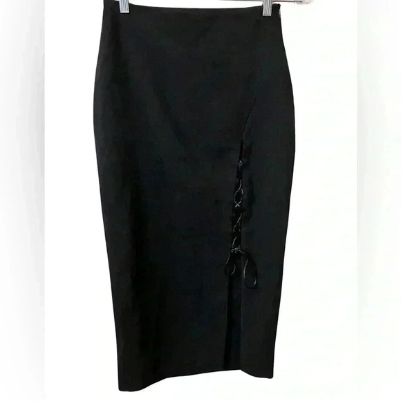 Zara Side Slit Lace Up High Waisted Midi Skirt Black Solid Pencil - Picture 1 of 8